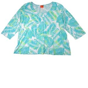 Hearts of Palm Woman 3X Tropical Print 3/4 Sleeve V Neck Top Aqua Green White